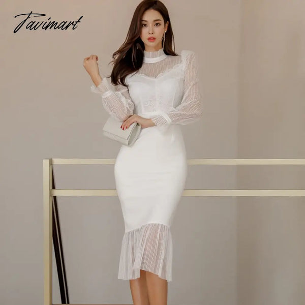 Tavimart Winter New Mesh Stitching Lace Lantern Sleeve Fishtail Dress Elegant Office Chic Simple