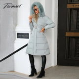 Tavimart Winter New Mid Length Down Cotton Coat Women Hooded Fur Collar Solid Color Slim Long