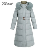 Tavimart Winter New Mid Length Down Cotton Coat Women Hooded Fur Collar Solid Color Slim Long
