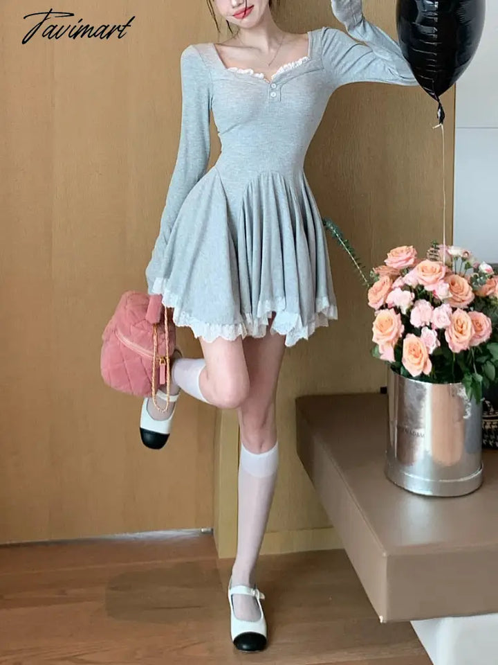 Tavimart Winter Party Dress Women Korean Fashion Lace Designer Sweet Mini Ladies Patchwork High