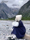 Tavimart Winter Warm Blue Sweet Coat Women Japanese Lace Loose Cute Wool Jacket Female High -