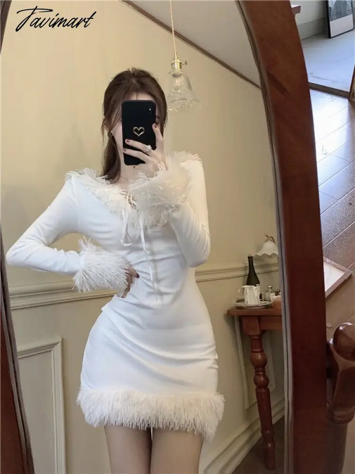 Tavimart Winter White Korean Dress Women Bodycon Sweet Sexy Party Mini tavimart Tavimart Winter White Korean Dress Women Bodycon Sweet Sexy Party Mini tavimart