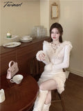 Tavimart Winter White Korean Dress Women Bodycon Sweet Sexy Party Mini Ladies Long Sleeve France