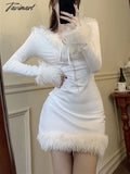 Tavimart Winter White Korean Dress Women Bodycon Sweet Sexy Party Mini Ladies Long Sleeve France