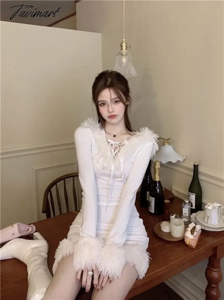 Tavimart Winter White Korean Dress Women Bodycon Sweet Sexy Party Mini tavimart Tavimart Winter White Korean Dress Women Bodycon Sweet Sexy Party Mini tavimart