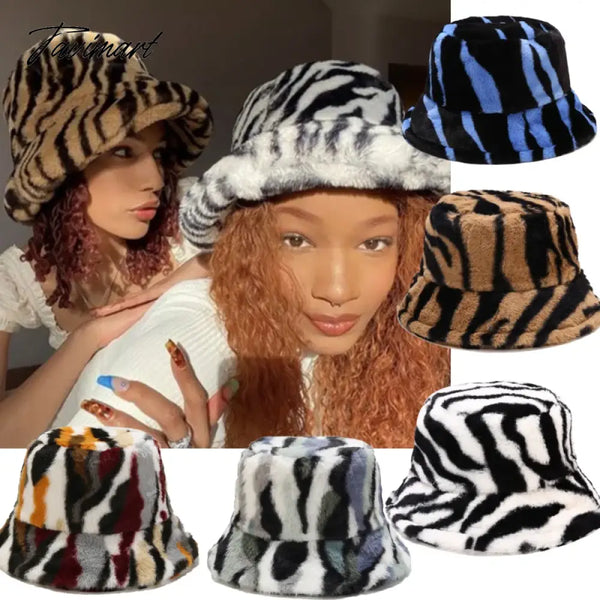 Tavimart Winter Women Fisherman Hat Plush Warm Striped Basin Hats Korean Versatile Fashion Female