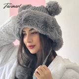 Tavimart Winter Woollen Hat Women Cute Ball Ear Protector Plush Fur Pullover Hats Fashion Warm