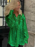 Tavimart Winter Y2K Green Fashion Elegant Sequins Shirts Women Long Sleeve V Neck Party Sexy Club