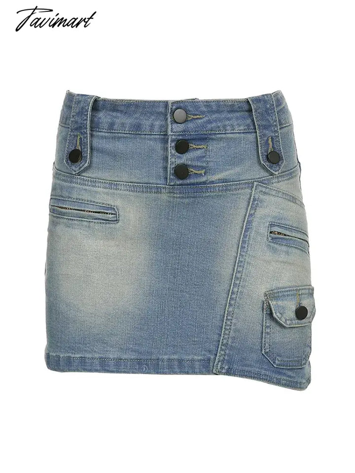 Tavimart - Woman Denim Skirt Low Waist Pleated Pockets Daily A - Line Classical All - Match Mini