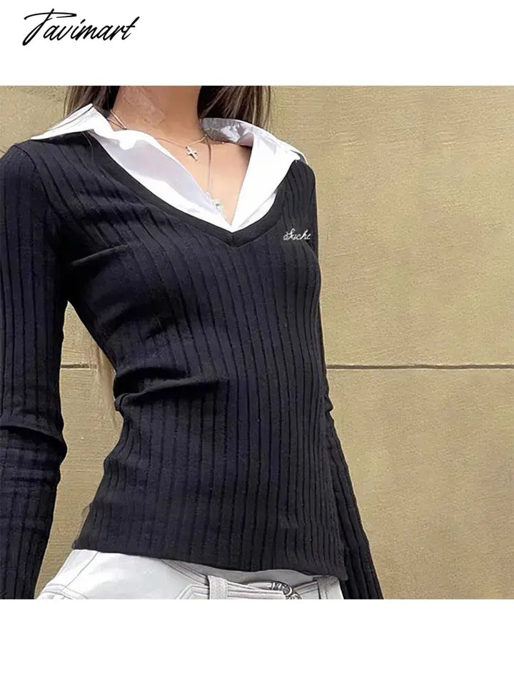 Tavimart - Woman Design T - Shirts All - Match Crochet Top Office Lady Tees Japanese Fashion Tops
