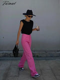 Tavimart Woman High Waist Pink Green Denim Jeans Pants