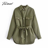 Tavimart Woman Jacket Autumn Winter With Belt Loose Long Sleeve Pockets Outwear Tops Female Casual