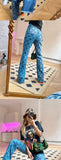 Tavimart Woman Jaded High Waist Plaid London Blue Flower Checkerboard Print Jean Demin S M L