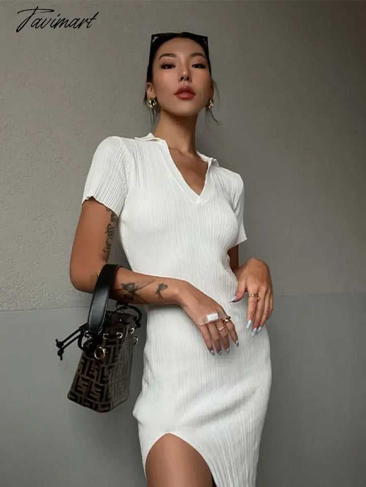 Tavimart Woman Knitted Polo Short Sleeve Side Slite Maxi Dress