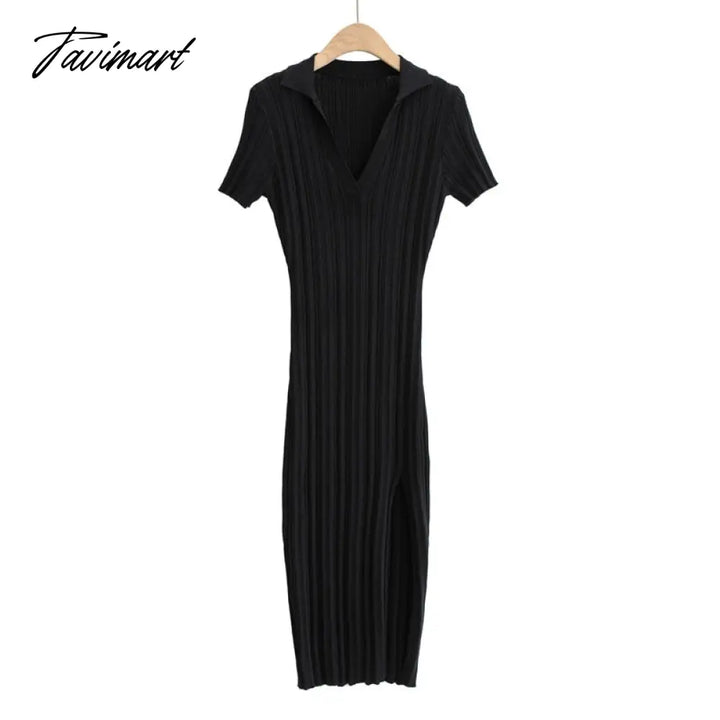 Tavimart Woman Knitted Polo Short Sleeve Side Slite Maxi Dress Black / S