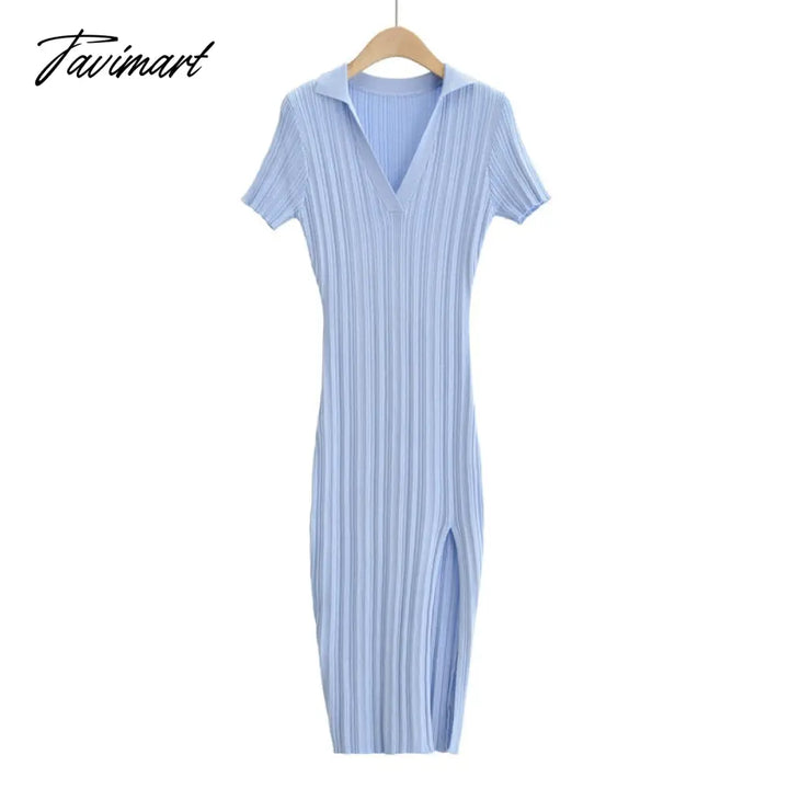 Tavimart Woman Knitted Polo Short Sleeve Side Slite Maxi Dress Sky Blue / S