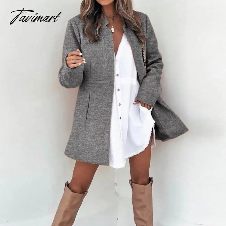 Tavimart Women Autumn Fashion Solid Color Wool Jackets Retro Long Sleeve Stand Collar Cardigan