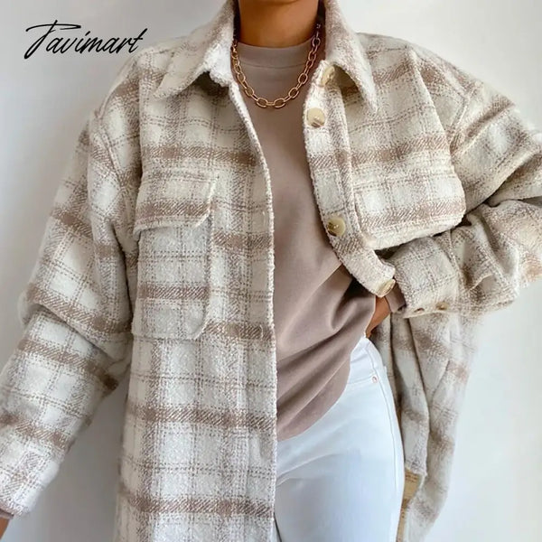 Tavimart Women Autumn Winter Fashion Plaid Khaki Thick Coats Overshirt Female Stylish Pockets Long