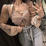 Tavimart Women Blouses Bow Gauze Patchwork Pleuche Shirts Sexy Lady Square Collar Puff Sleeve Blouse Korean Fashion Blusas Tops