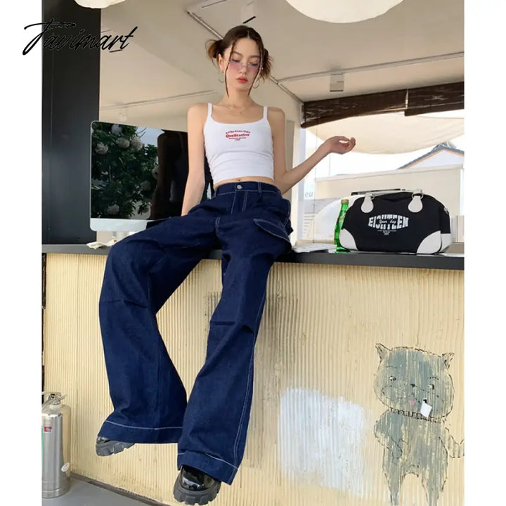 Tavimart Women Blue Jeans Solid Vintage Straight Baggy Pants Chic Design Streetwear Fashion Y2K