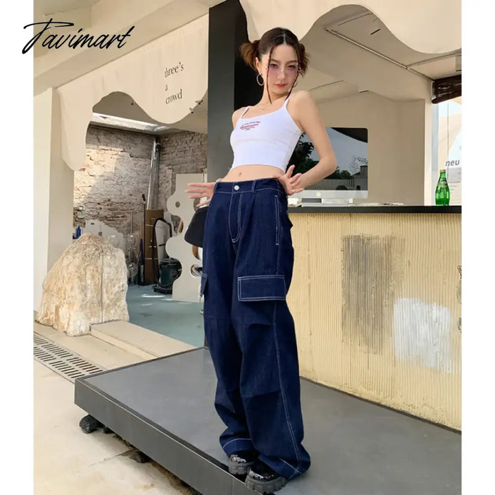 Tavimart Women Blue Jeans Solid Vintage Straight Baggy Pants Chic Design Streetwear Fashion Y2K