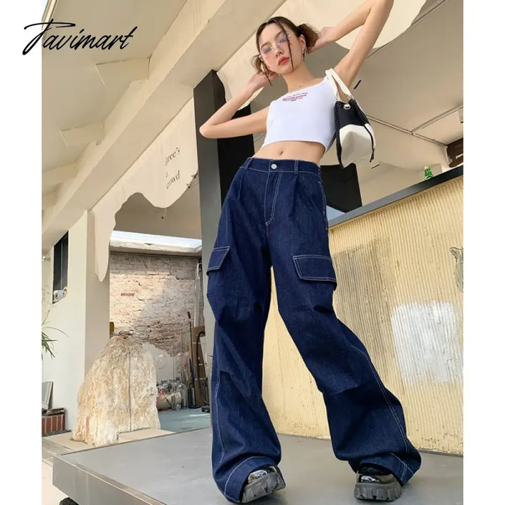 Tavimart Women Blue Jeans Solid Vintage Straight Baggy Pants Chic Design Streetwear Fashion Y2K