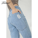 Tavimart Women Blue Jeans Worn - Out High Waist American Street Wide Leg Pants Fashion Hip Hop