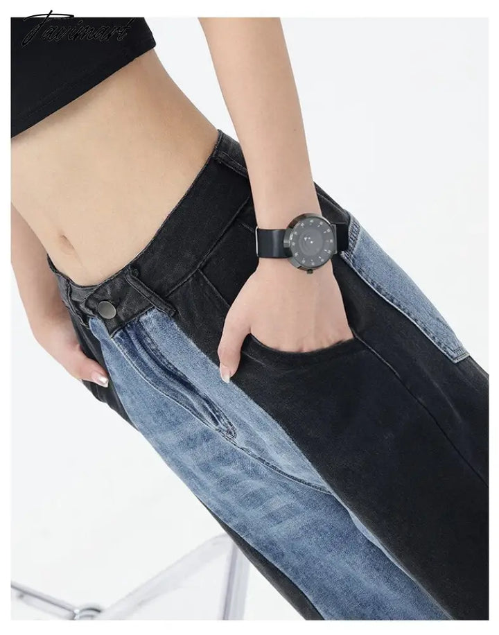 Tavimart Women Bottoms Blue Jeans Vintage Patchwork Straight Wide Leg Pants Casual Fashion High