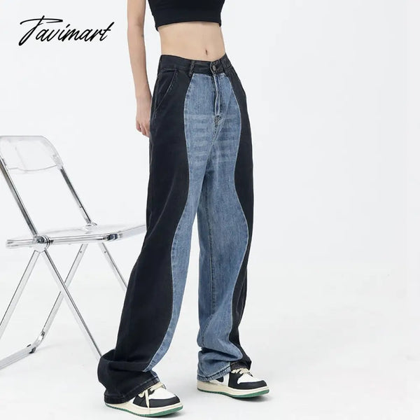 Tavimart Women Bottoms Blue Jeans Vintage Patchwork Straight Wide Leg Pants Casual Fashion High