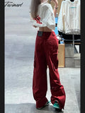 Tavimart Women Bottoms Red Vintage Baggy Cargo Pants Fashion Pocket High Waist Straight Street Wide