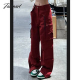 Tavimart Women Bottoms Red Vintage Baggy Cargo Pants Fashion Pocket High Waist Straight Street Wide
