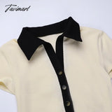 Tavimart Women Casual Button Slim Knit Dress Elegant Turndown Collar Short Sleeve Midi Fashion