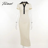 Tavimart Women Casual Button Slim Knit Dress Elegant Turndown Collar Short Sleeve Midi Fashion