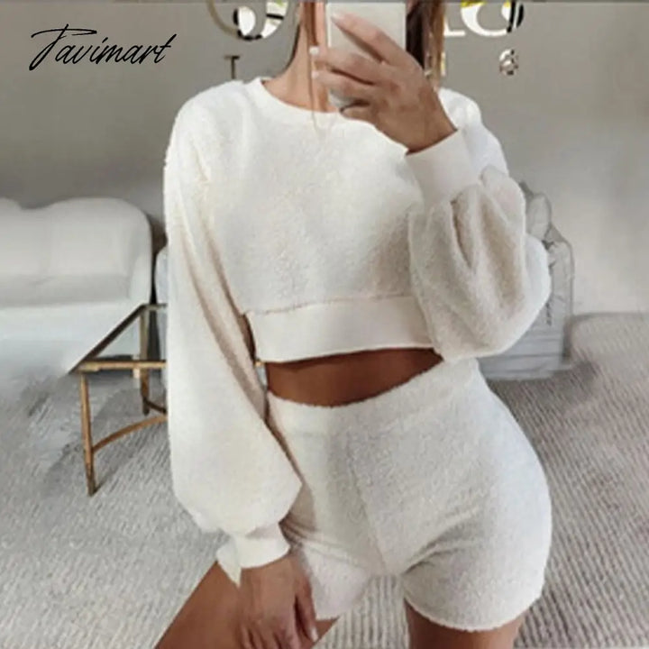 Tavimart Women Casual Knit Two Piece Sets Short Sleeve O Neck Crop Tops And Drawstring Shorts