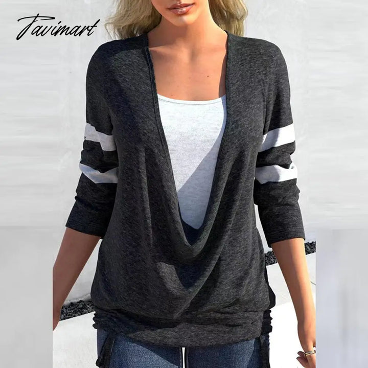 Tavimart Women Casual Long Sleeve Fake Two - Piece V - Neck Top Fashion Patchwork Pullover Tops