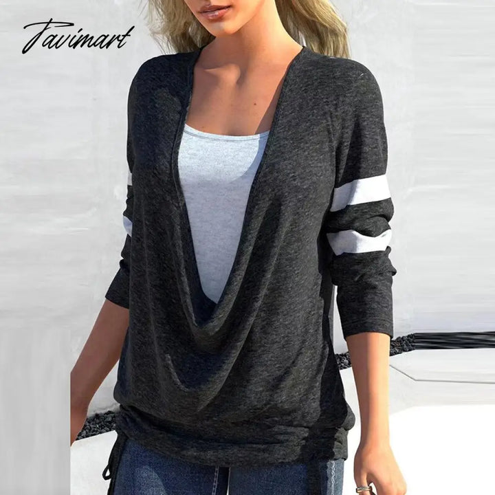 Tavimart Women Casual Long Sleeve Fake Two - Piece V - Neck Top Fashion Patchwork Pullover Tops