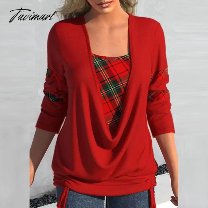 Tavimart Women Casual Long Sleeve Fake Two - Piece V - Neck Top Fashion Patchwork Pullover Tops