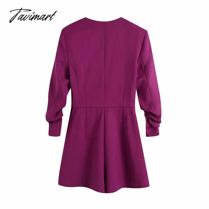 Tavimart Women Chic Fashion Double - Fabric Playsuits Vintage Square Collar Three Quarter Pleated