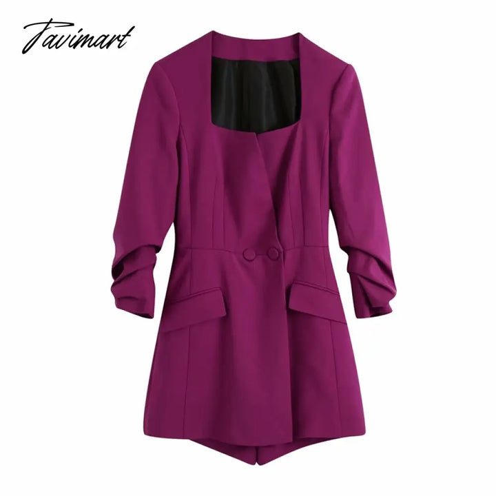 Tavimart Women Chic Fashion Double - Fabric Playsuits Vintage Square Collar Three Quarter Pleated