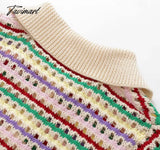 Tavimart Women Collared Crochet Pointelle Cardigan In Multi Stripes