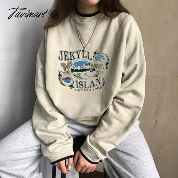 Tavimart Women Crew Neck Raglan Sleeved Sweatshirt With Contrast Trimming In Beige Vintage Frint