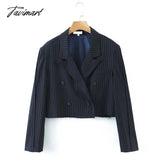 Tavimart Women Double Breasted Crop Blazer And Pleated Mini Skirt Co - Ord In Navy Striped Two