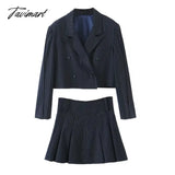 Tavimart Women Double Breasted Crop Blazer And Pleated Mini Skirt Co - Ord In Navy Striped Two