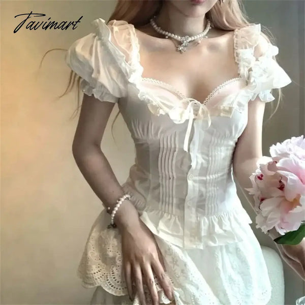 Tavimart Women Dress Lace Patchwork Bubble Sleeved Ruffle Square Collar Bow Three - Dimensional