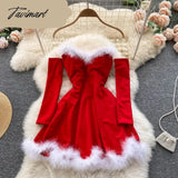 Tavimart Women Elegant Dress For New Year Strapless Backless Furry Sexy Short Mini Christmas Dress Navidad Red Party Dress Femme