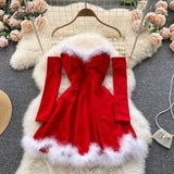 Tavimart Women Elegant Dress For New Year Strapless Backless Furry Sexy Short Mini Christmas