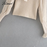 Tavimart Women Elegant Hight Neck Tied Bow Blouse Knitted Patchwork Chiffon Ruffled Pullover Autum