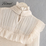 Tavimart Women Elegant Hight Neck Tied Bow Blouse Knitted Patchwork Chiffon Ruffled Pullover Autum