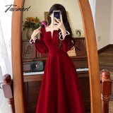 Tavimart Women Elegant Red Christmes Long Sleeve Party Dress Square Collar A - Ling Ruffle Birthday