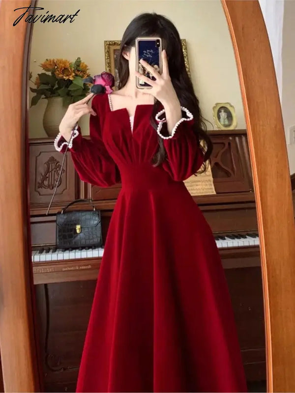 Tavimart Women Elegant Red Christmes Long Sleeve Party Dress Square Collar A - Ling Ruffle Birthday